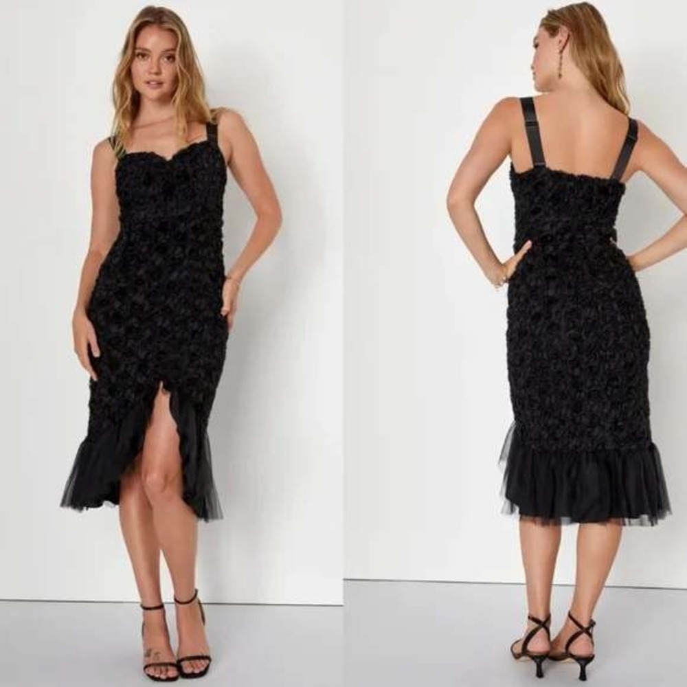 Lulus‎ Fabulous Charm Black Sleeveless Rosette Trumpet Hem Midi Dress Size XS